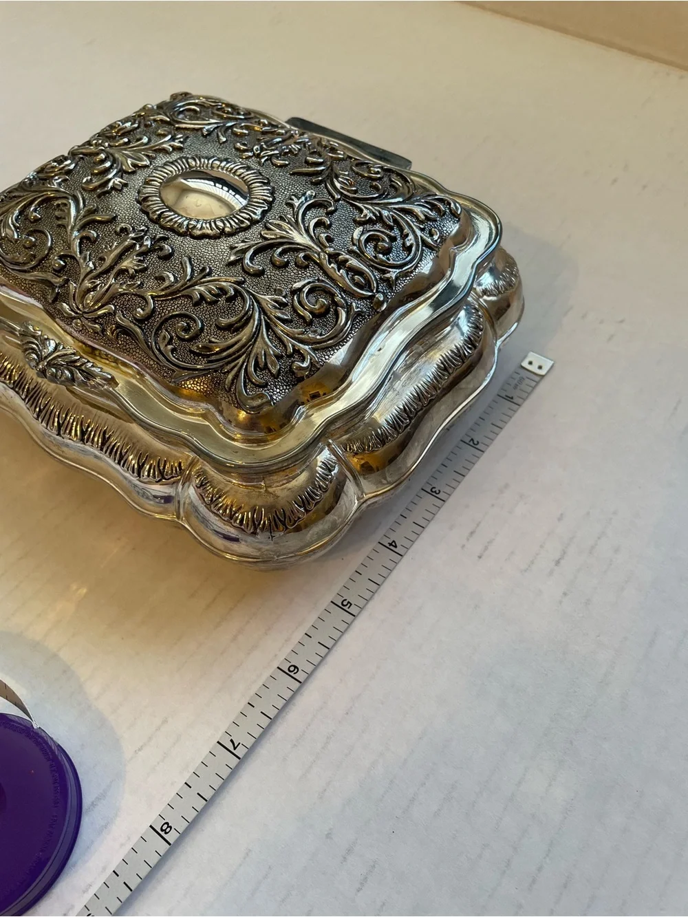Vintage Godinger Silverplate Victorian Ornate Jewelry Box Red Velvet Lining